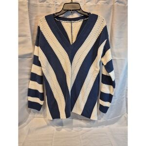 Womens Blue White Striped V-Neck Pointelle Knit Sweater Size XL Nautical Chevron